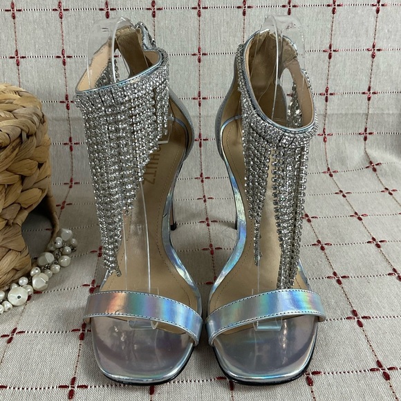 SCHUTZ “Lory” Iridescent Silver Leather Crystal Fringe Ankle Strappy Heels 6.5 - Picture 3 of 12